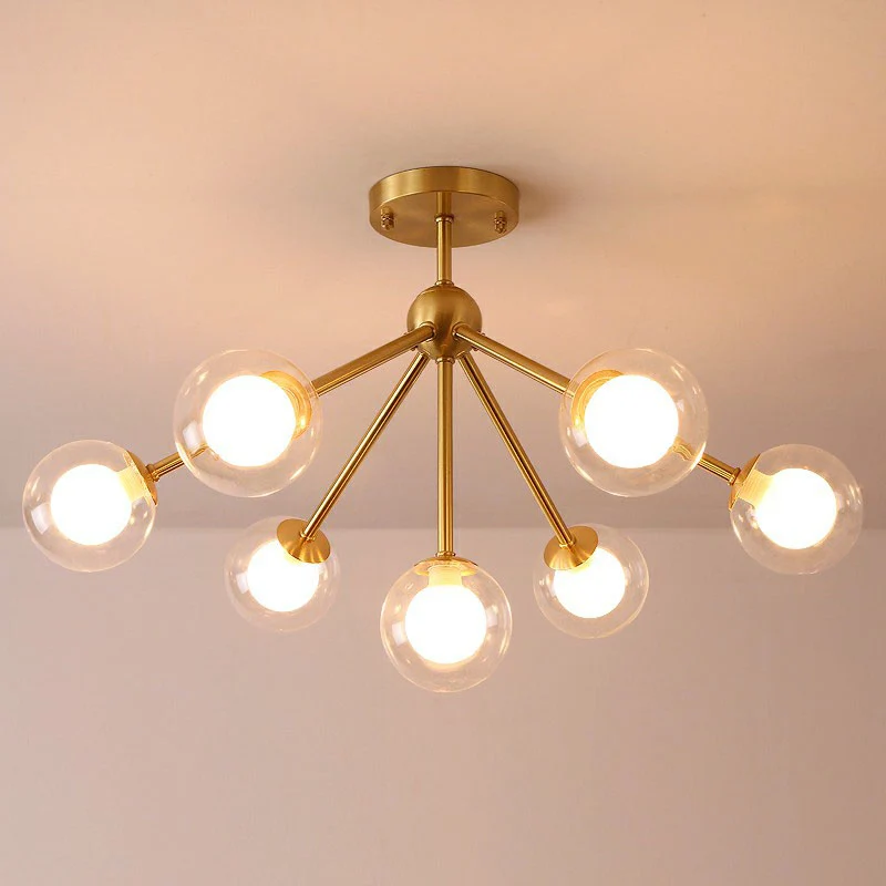 Minimalisme Takkroonluchter Metalen eetkamerplafondlamp met dubbele bolglazen kap goud Clearhalo