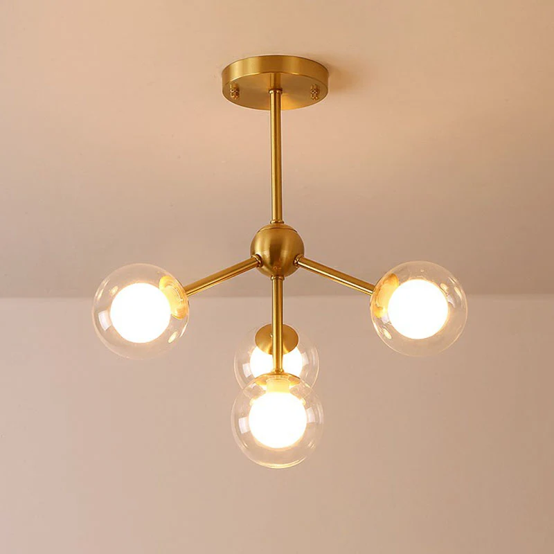 Minimalisme Takkroonluchter Metalen eetkamerplafondlamp met dubbele bolglazen kap goud Clearhalo