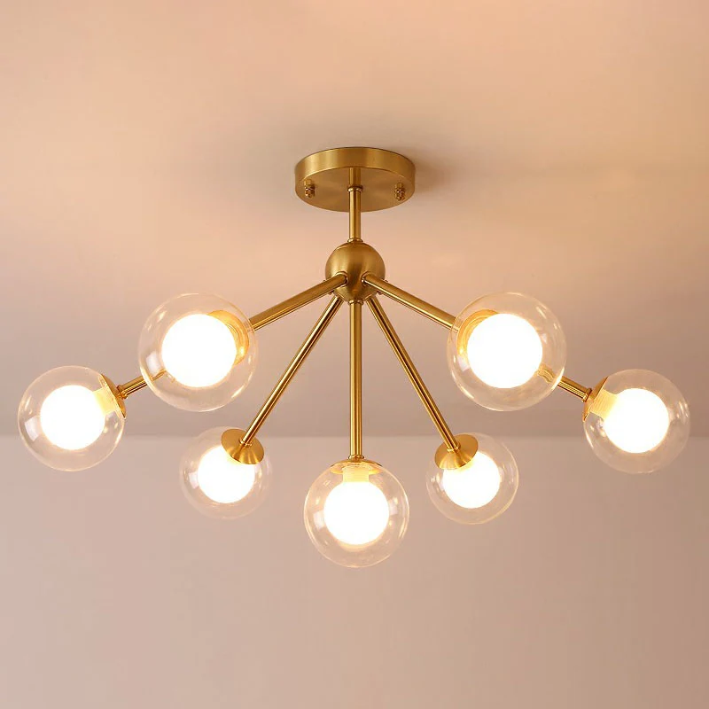Minimalisme Takkroonluchter Metalen eetkamerplafondlamp met dubbele bolglazen kap goud Clearhalo