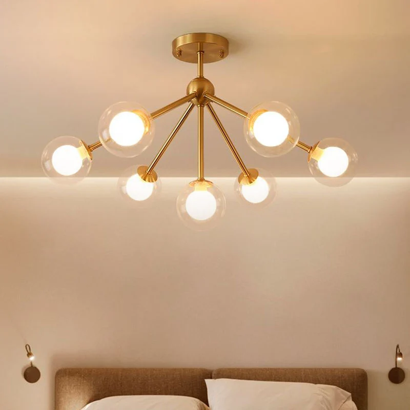Minimalisme Takkroonluchter Metalen eetkamerplafondlamp met dubbele bolglazen kap goud Clearhalo