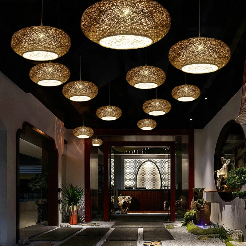 Minimalistisch rond hangend verlichtingsarmatuur rotan 1 kop theekamer plafondhanglamp donkerbruin Clearhalo