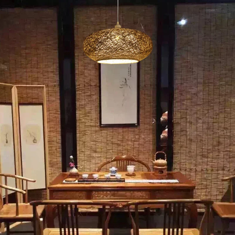 Minimalistisch rond hangend verlichtingsarmatuur rotan 1 kop theekamer plafondhanglamp donkerbruin Clearhalo