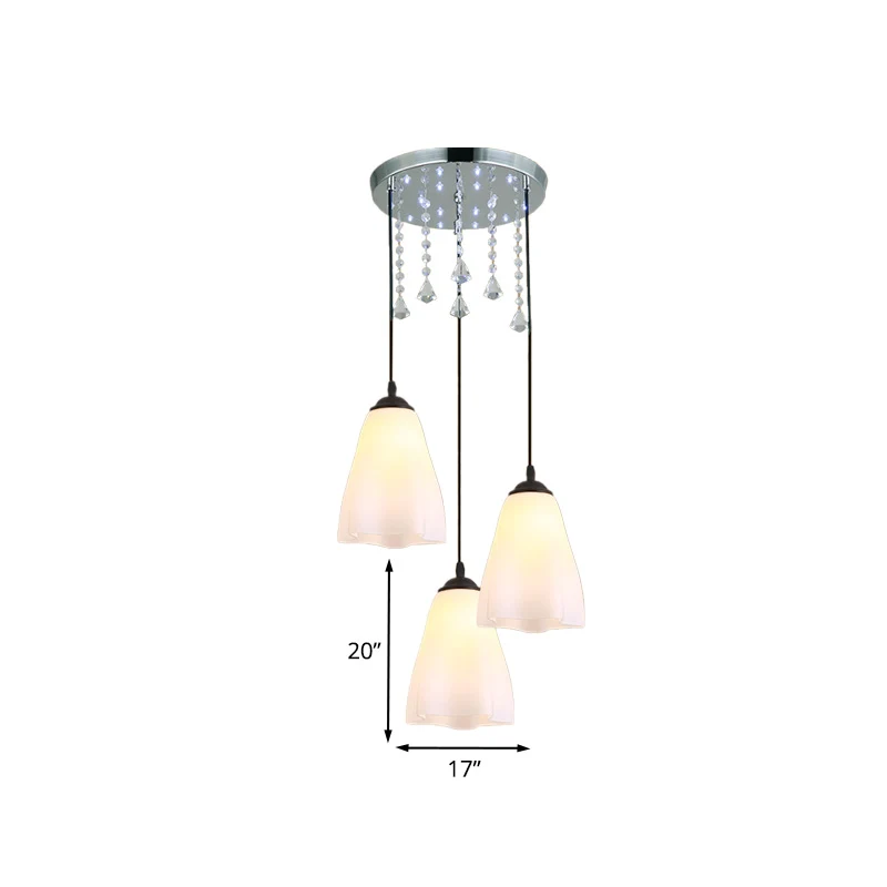 Minimalistische 3-lichts zwarte multi-lichthanger met bloemenaccent van wit glas en neerwaartse verlichting Clearhalo