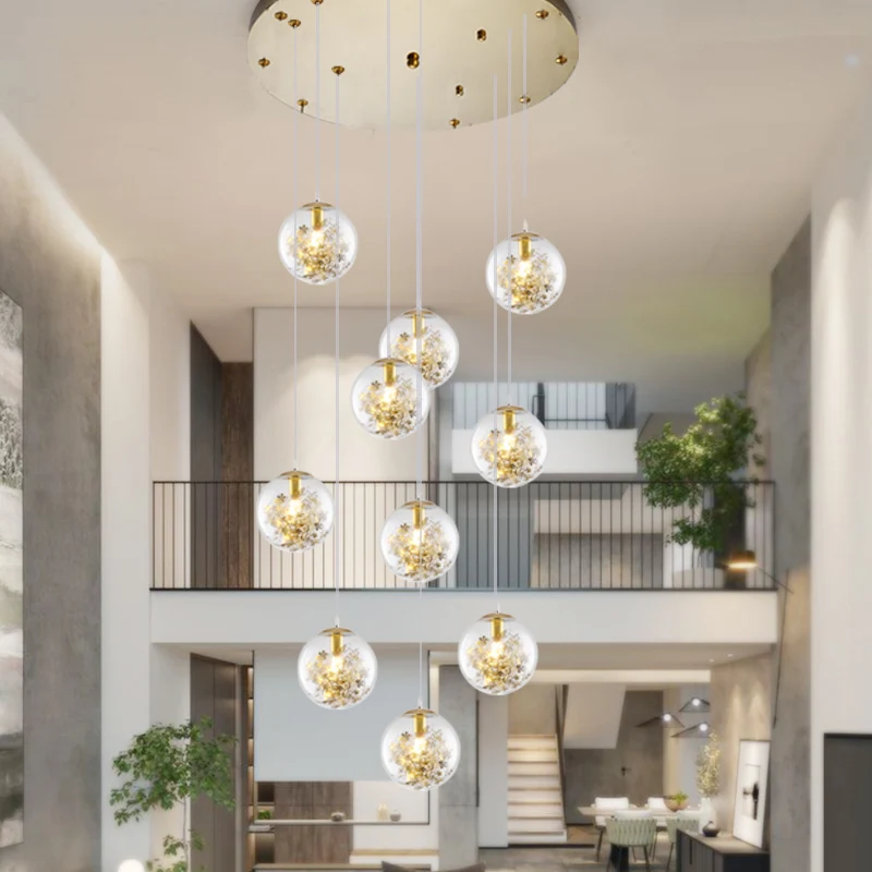 Minimalistische bol multi-licht kroonluchter helder glas 10-koppige trap hanglamp met metalen bloemdecor goud Clearhalo