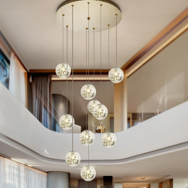 Minimalistische bol multi-licht kroonluchter helder glas 10-koppige trap hanglamp met metalen bloemdecor goud Clearhalo