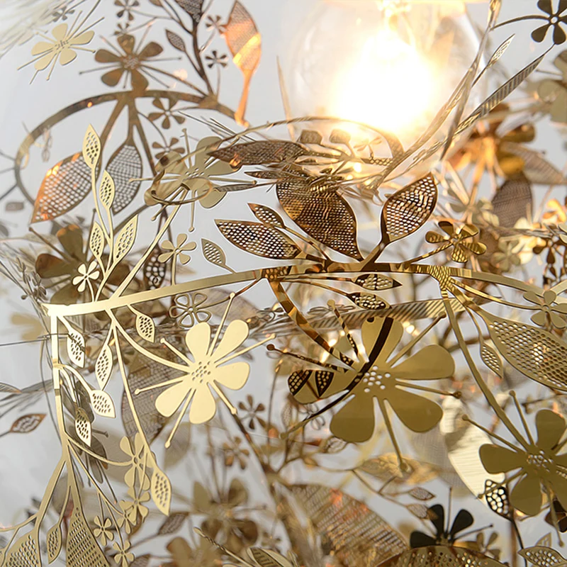 Minimalistische bol multi-licht kroonluchter helder glas 10-koppige trap hanglamp met metalen bloemdecor goud Clearhalo