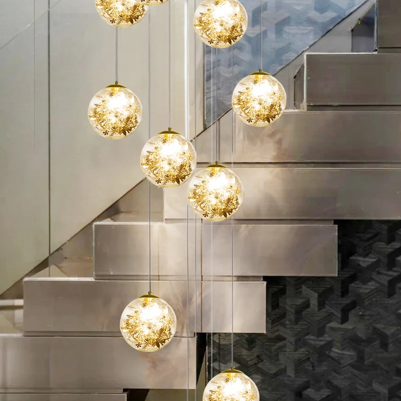 Minimalistische bol multi-licht kroonluchter helder glas 10-koppige trap hanglamp met metalen bloemdecor goud Clearhalo