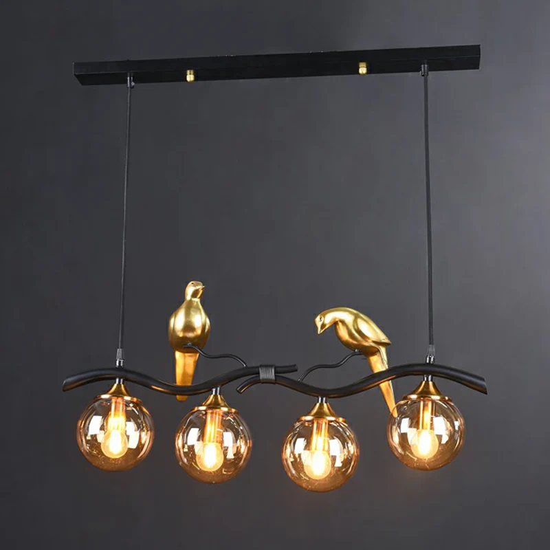 Minimalistische Branch Island Lighting Metalen 4-lichts eetkamer hanglamp met bolglazen kap en vogeldeco Clearhalo