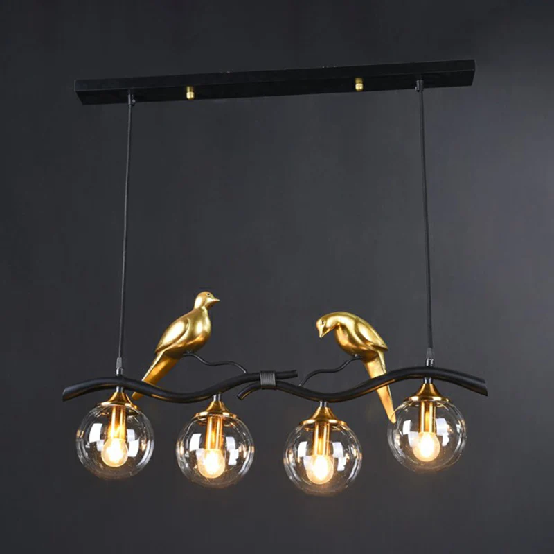 Minimalistische Branch Island Lighting Metalen 4-lichts eetkamer hanglamp met bolglazen kap en vogeldeco Clearhalo