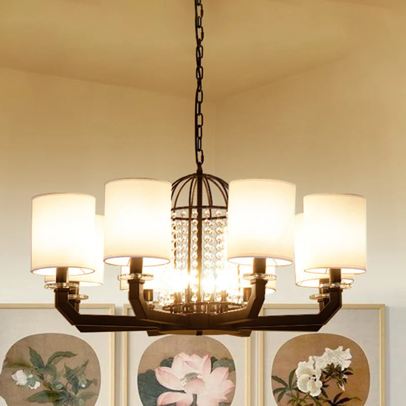 Minimalistische Drum Kristallen Kroonluchter Verlichting 9/12 Lichten Hangende Hanger met Witte Stoffen Schaduw Clearhalo