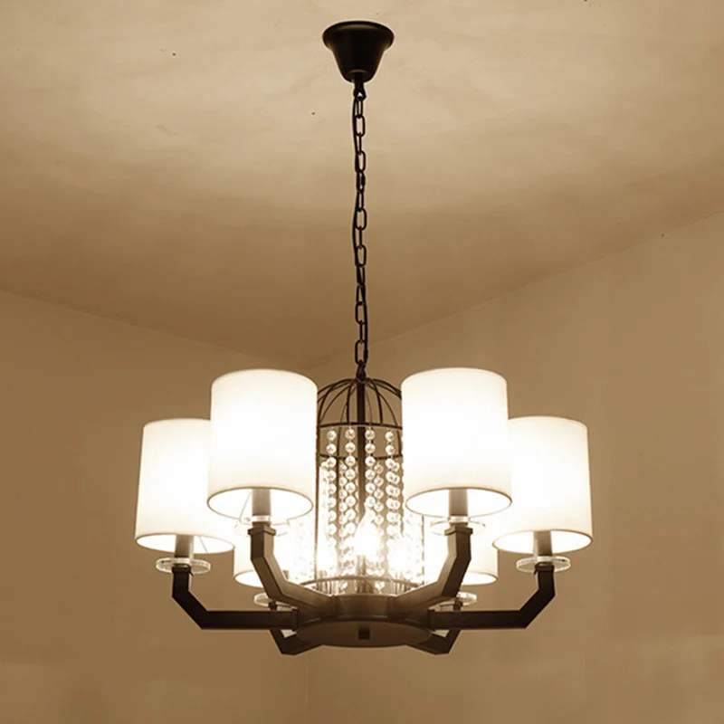 Minimalistische Drum Kristallen Kroonluchter Verlichting 9/12 Lichten Hangende Hanger met Witte Stoffen Schaduw Clearhalo