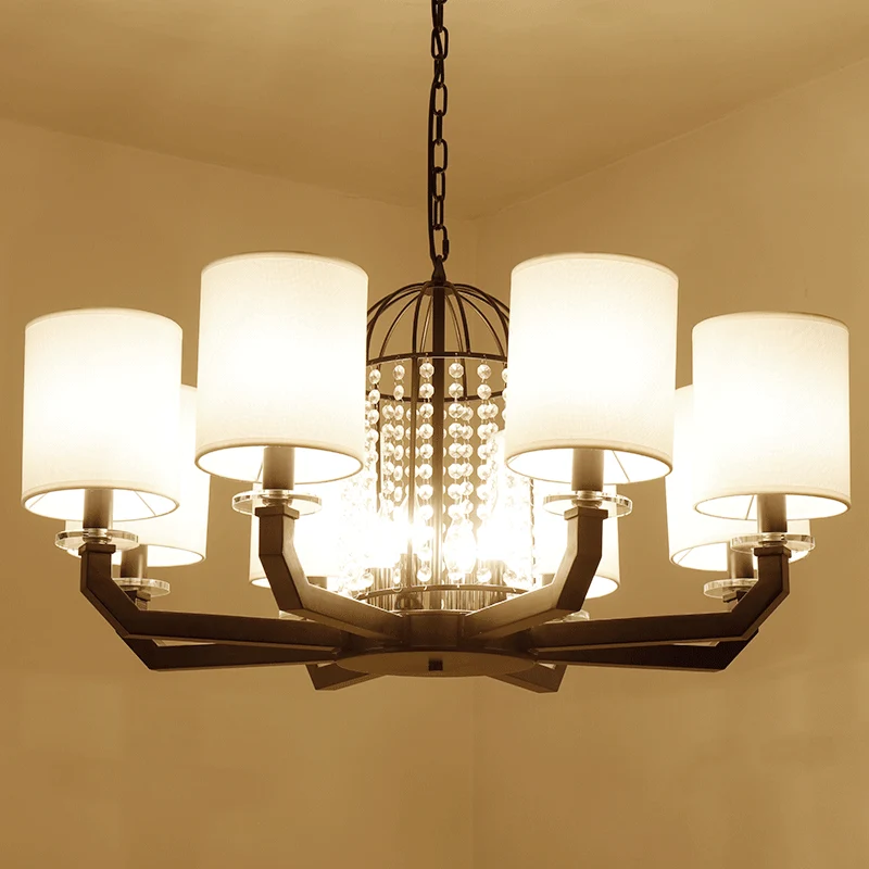Minimalistische Drum Kristallen Kroonluchter Verlichting 9/12 Lichten Hangende Hanger met Witte Stoffen Schaduw Clearhalo