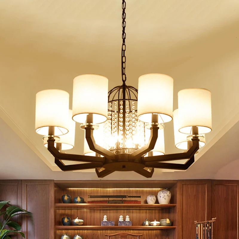 Minimalistische Drum Kristallen Kroonluchter Verlichting 9/12 Lichten Hangende Hanger met Witte Stoffen Schaduw Clearhalo