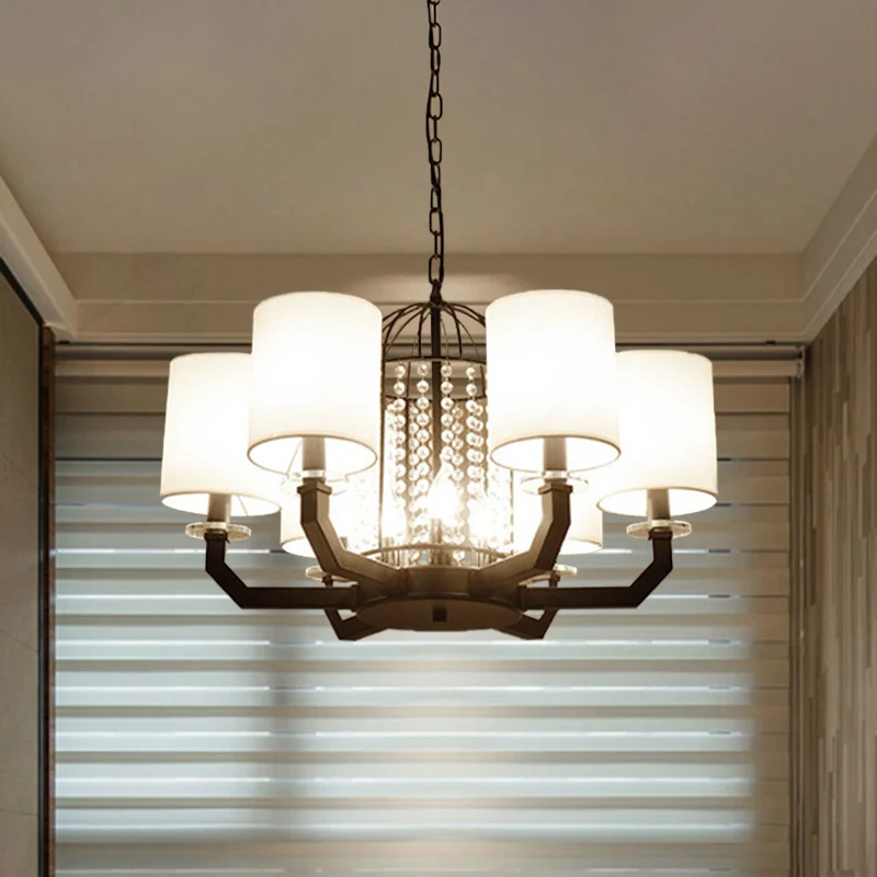Minimalistische Drum Kristallen Kroonluchter Verlichting 9/12 Lichten Hangende Hanger met Witte Stoffen Schaduw Clearhalo