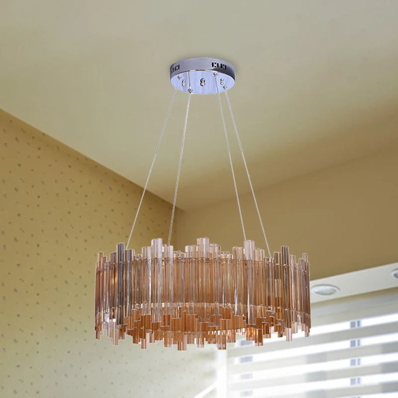 Minimalistische Drum-kristallen kroonluchter LED-hanglampset amber voor woonkamer Clearhalo