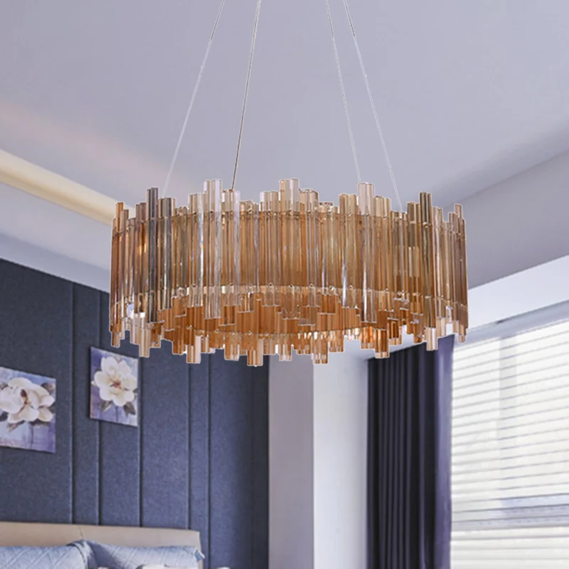 Minimalistische Drum-kristallen kroonluchter LED-hanglampset amber voor woonkamer Clearhalo