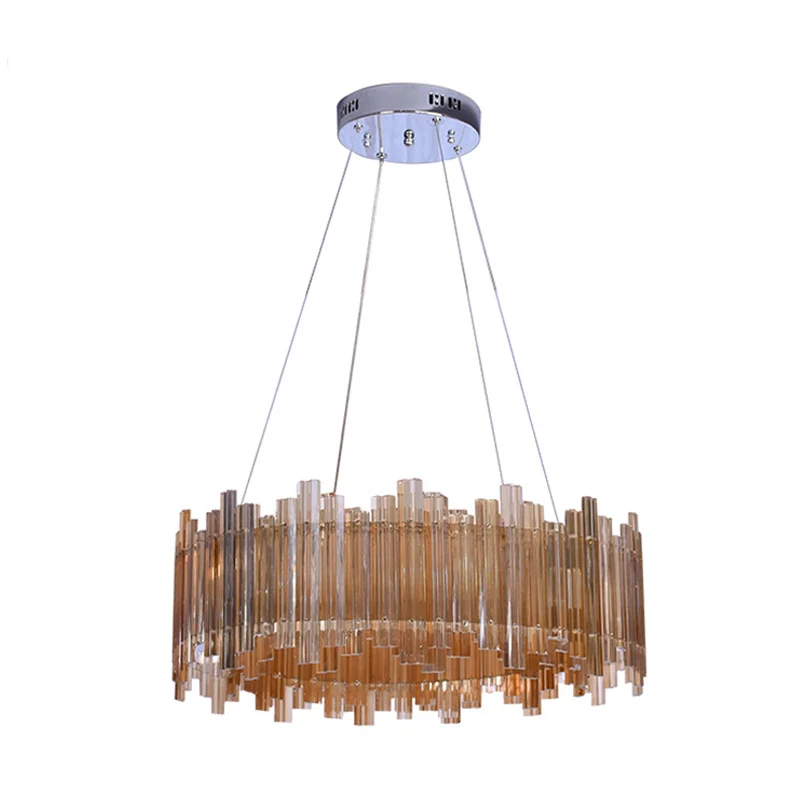 Minimalistische Drum-kristallen kroonluchter LED-hanglampset amber voor woonkamer Clearhalo