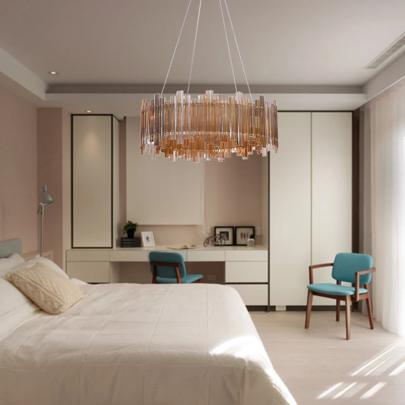 Minimalistische Drum-kristallen kroonluchter LED-hanglampset amber voor woonkamer Clearhalo