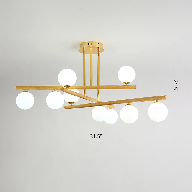 Minimalistische hanglamp van hout, bolvormige kroonluchter met opaline glazen kap voor slaapkamer Clearhalo