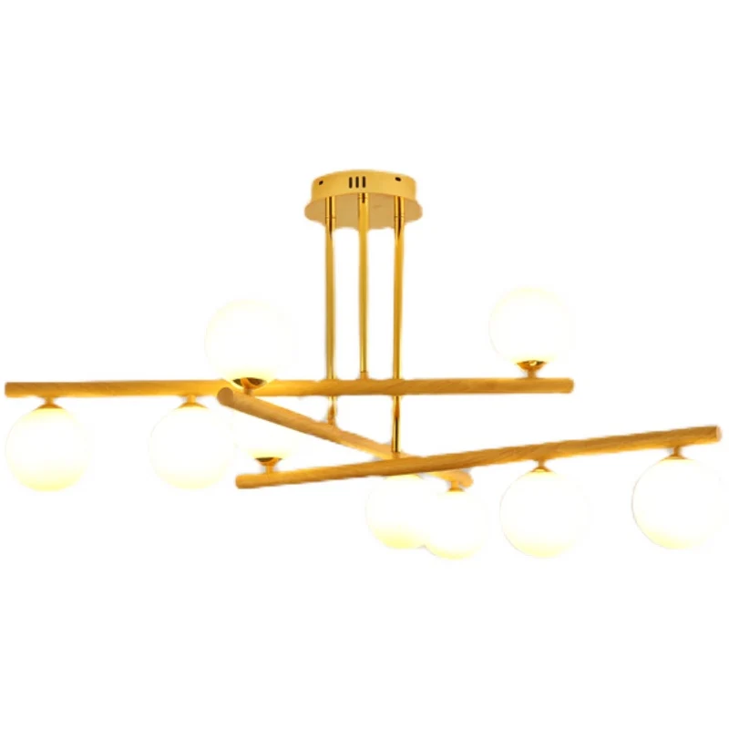 Minimalistische hanglamp van hout, bolvormige kroonluchter met opaline glazen kap voor slaapkamer Clearhalo