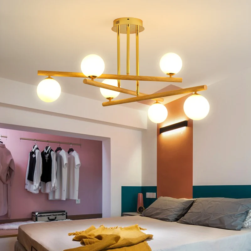 Minimalistische hanglamp van hout, bolvormige kroonluchter met opaline glazen kap voor slaapkamer Clearhalo