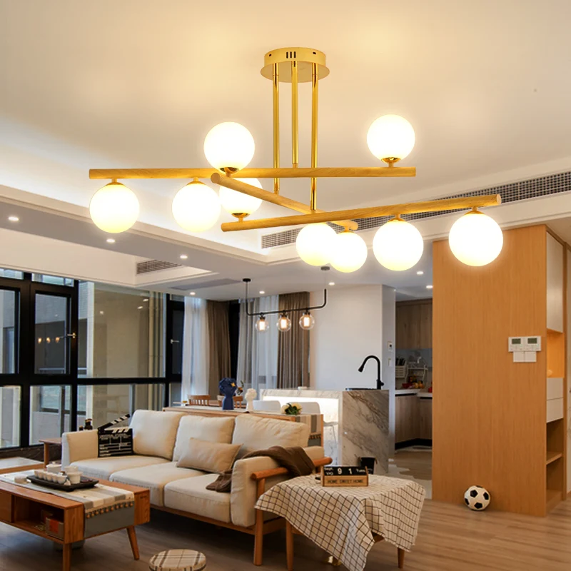 Minimalistische hanglamp van hout, bolvormige kroonluchter met opaline glazen kap voor slaapkamer Clearhalo