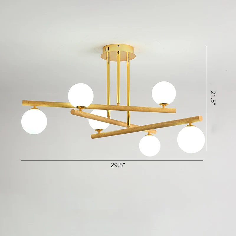 Minimalistische hanglamp van hout, bolvormige kroonluchter met opaline glazen kap voor slaapkamer Clearhalo