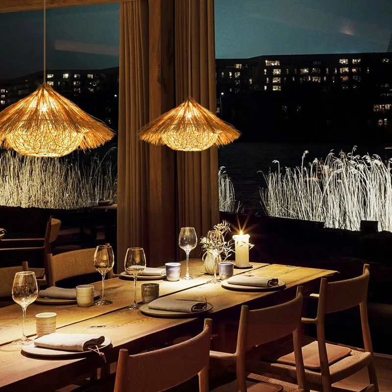 Minimalistische kegelvormige ophanglamp rotan 1-koppig hangend restaurantplafondlicht hout Clearhalo
