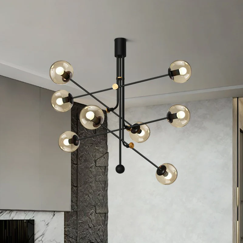 Minimalistische kroonluchter zwarte verticale hanglamp met bolglazen kap voor restaurant Clearhalo