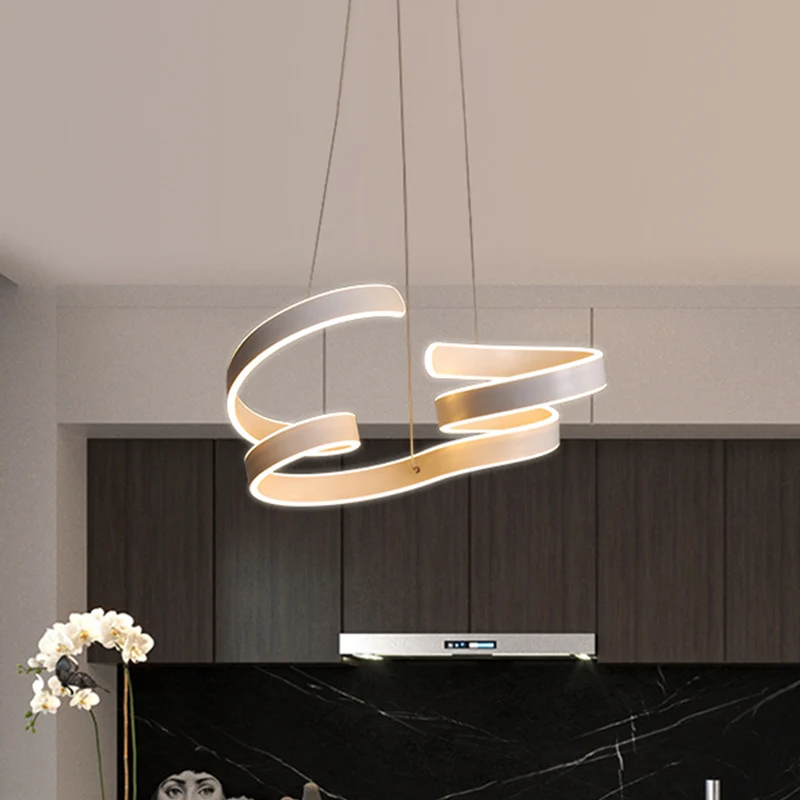 Minimalistische opgerolde aluminium kroonluchter LED hangende hanglamp wit boven eettafel, warm/wit licht Clearhalo