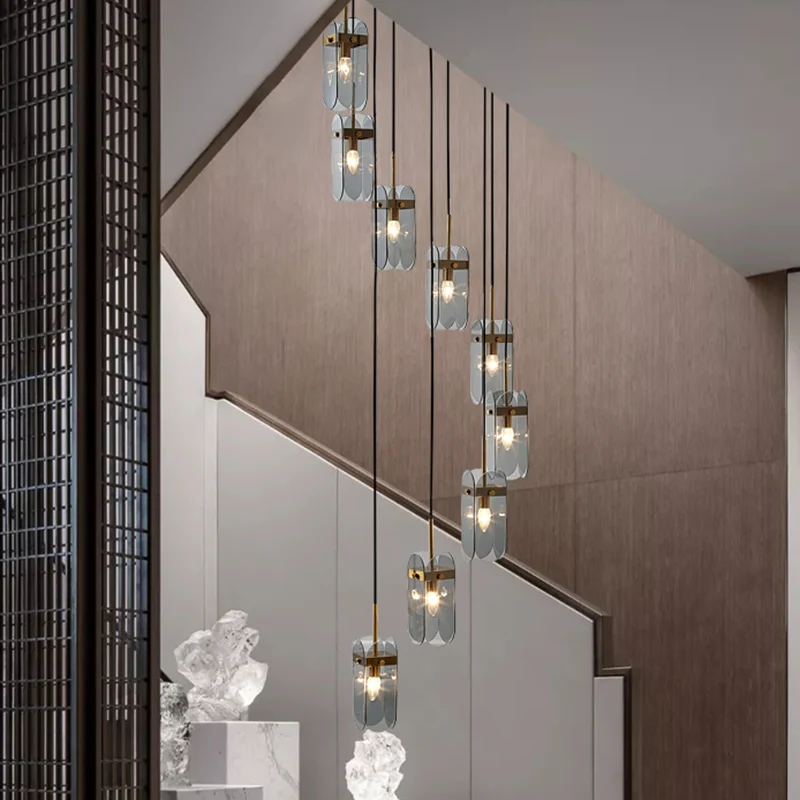 Minimalistische ovale paneel multi-licht hangende glazen trap hangende verlichtingsarmatuur Clearhalo