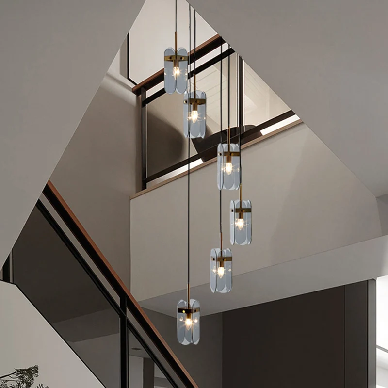 Minimalistische ovale paneel multi-licht hangende glazen trap hangende verlichtingsarmatuur Clearhalo