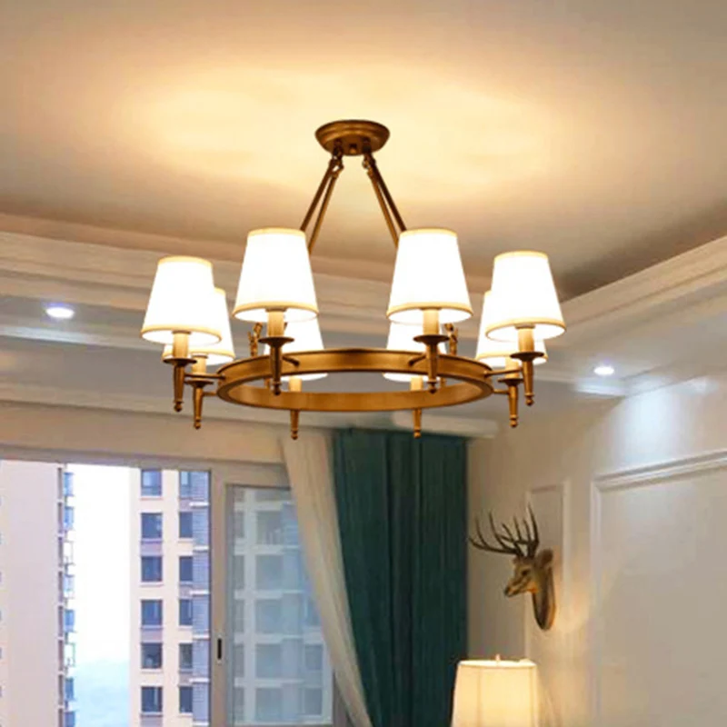 Minimalistische ringkroonluchterverlichting Metallic 8-kops woonkamerhanglamp met taps toelopende stoffen kap Clearhalo