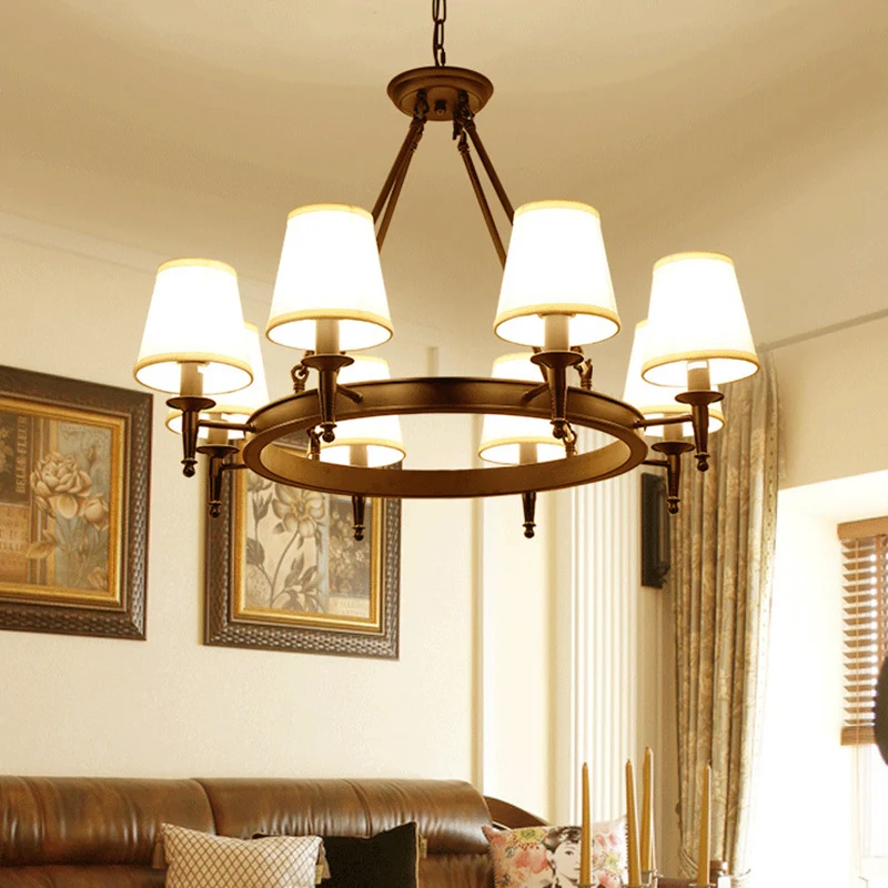 Minimalistische ringkroonluchterverlichting Metallic 8-kops woonkamerhanglamp met taps toelopende stoffen kap Clearhalo