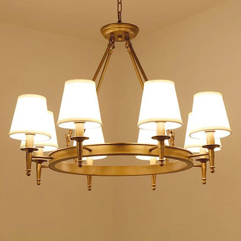 Minimalistische ringkroonluchterverlichting Metallic 8-kops woonkamerhanglamp met taps toelopende stoffen kap Clearhalo