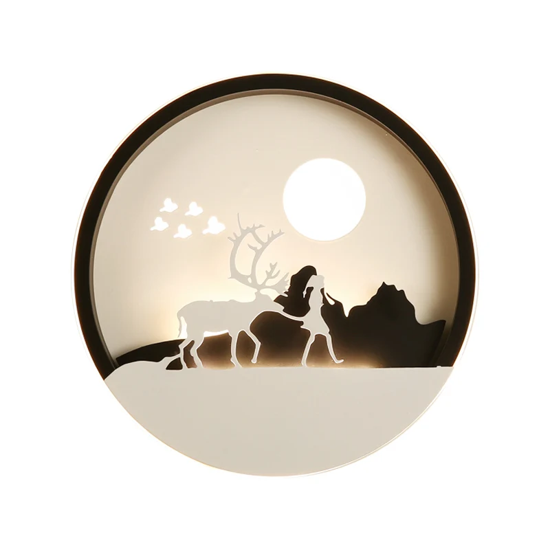 Minimalistische ronde acryl wandmuurlamp LED-wandgemonteerde verlichting zwart met elandhertenpatroon Clearhalo