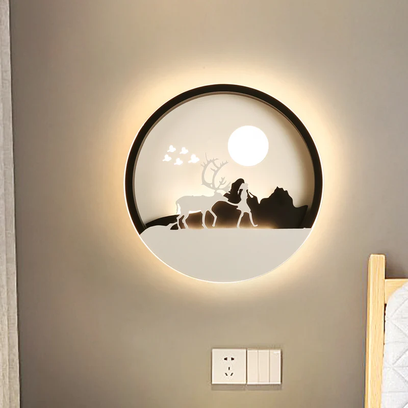 Minimalistische ronde acryl wandmuurlamp LED-wandgemonteerde verlichting zwart met elandhertenpatroon Clearhalo