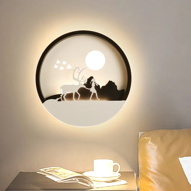 Minimalistische ronde acryl wandmuurlamp LED-wandgemonteerde verlichting zwart met elandhertenpatroon Clearhalo