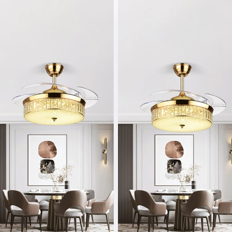 Minimalistische ronde hangende ventilatorverlichting Kristallen woonkamer LED halfverzonken plafondlamp met afstandsbedien...