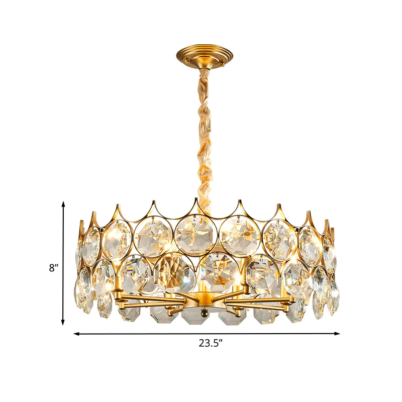 Minimalistische trommelhangende kroonluchter met 8 lampen en gefacetteerde kristallen plafondhanger goud Clearhalo
