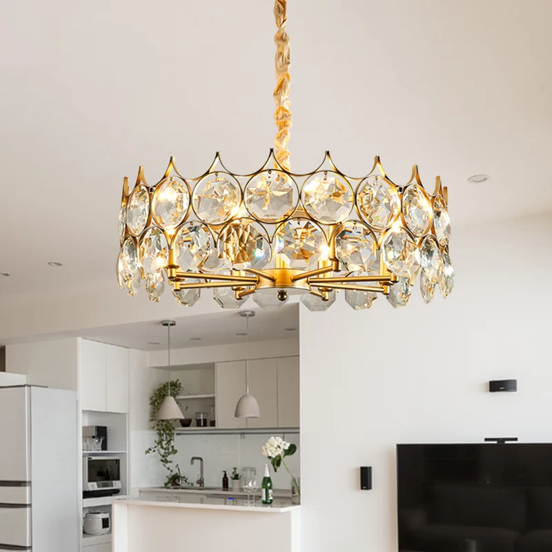 Minimalistische trommelhangende kroonluchter met 8 lampen en gefacetteerde kristallen plafondhanger goud Clearhalo