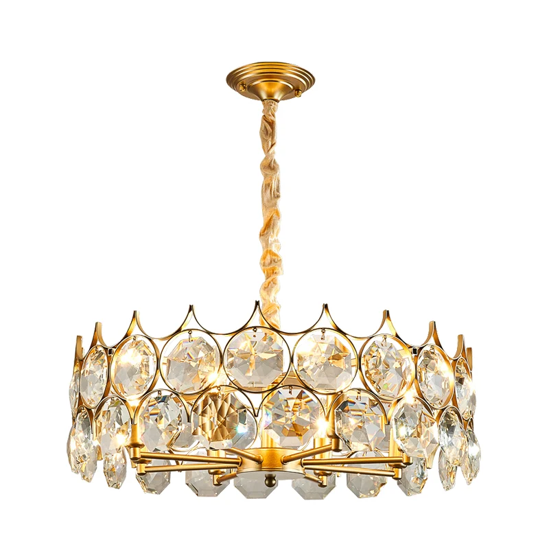 Minimalistische trommelhangende kroonluchter met 8 lampen en gefacetteerde kristallen plafondhanger goud Clearhalo