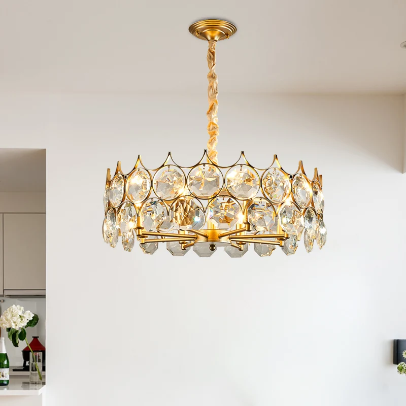 Minimalistische trommelhangende kroonluchter met 8 lampen en gefacetteerde kristallen plafondhanger goud Clearhalo
