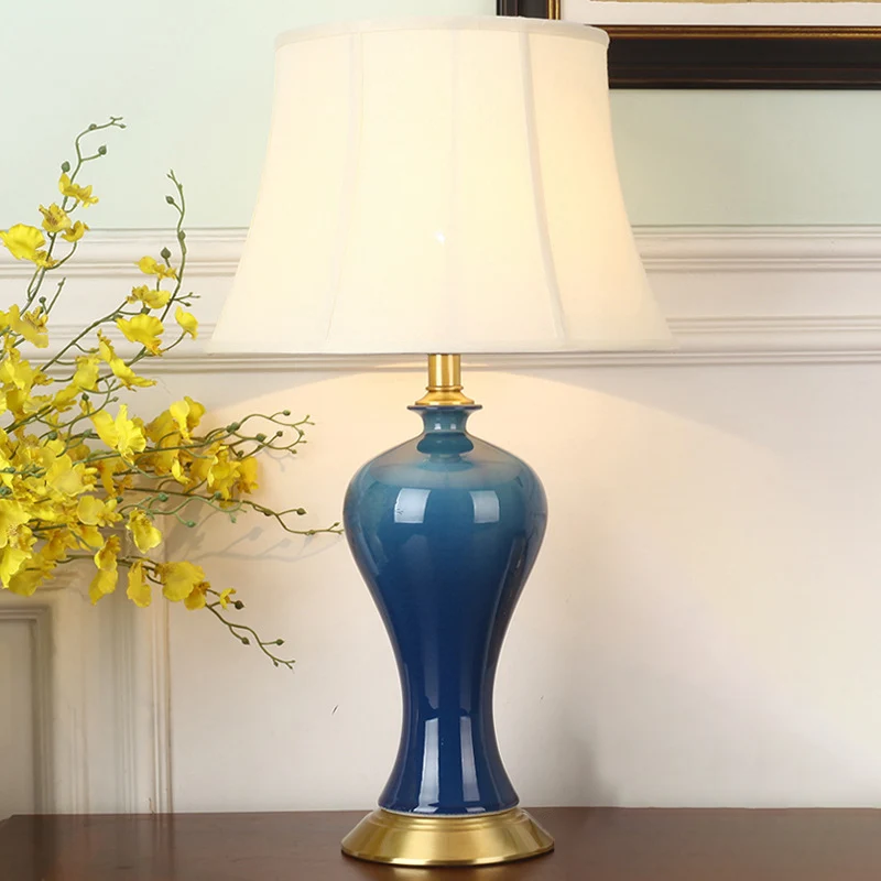 Modern Empire Shade nachtlampje van stof, 1-lichts nachtkastje met aardewerk voet blauw Clearhalo