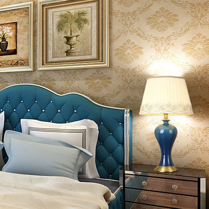 Modern Empire Shade nachtlampje van stof, 1-lichts nachtkastje met aardewerk voet blauw Clearhalo