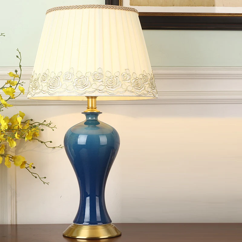 Modern Empire Shade nachtlampje van stof, 1-lichts nachtkastje met aardewerk voet blauw Clearhalo