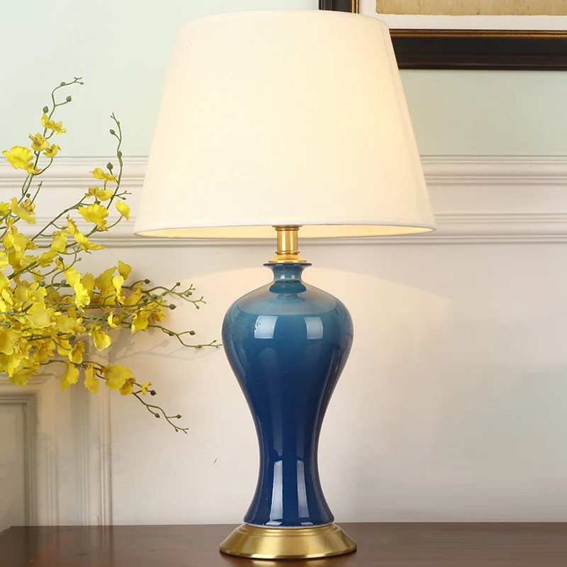 Modern Empire Shade nachtlampje van stof, 1-lichts nachtkastje met aardewerk voet blauw Clearhalo