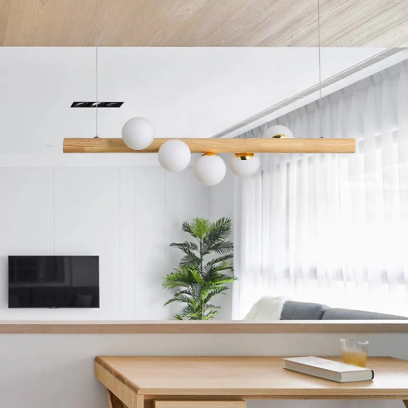 Modern minimalisme hout lineaire eiland hanglamp bol glazen eiland plafondlamp voor woonkamer Clearhalo