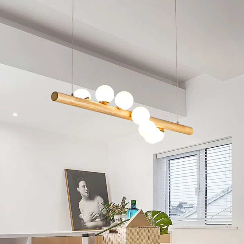 Modern minimalisme hout lineaire eiland hanglamp bol glazen eiland plafondlamp voor woonkamer Clearhalo