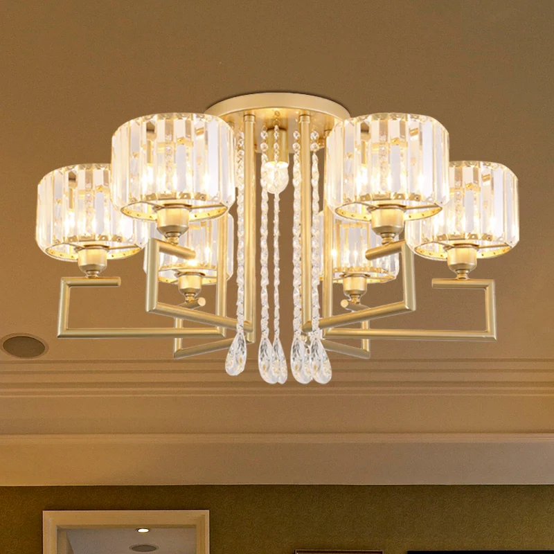 Moderne 3/6-lichts inbouwkroonluchter met heldere kristallen kap, cilinderplafondlamp gouden afwerking Clearhalo